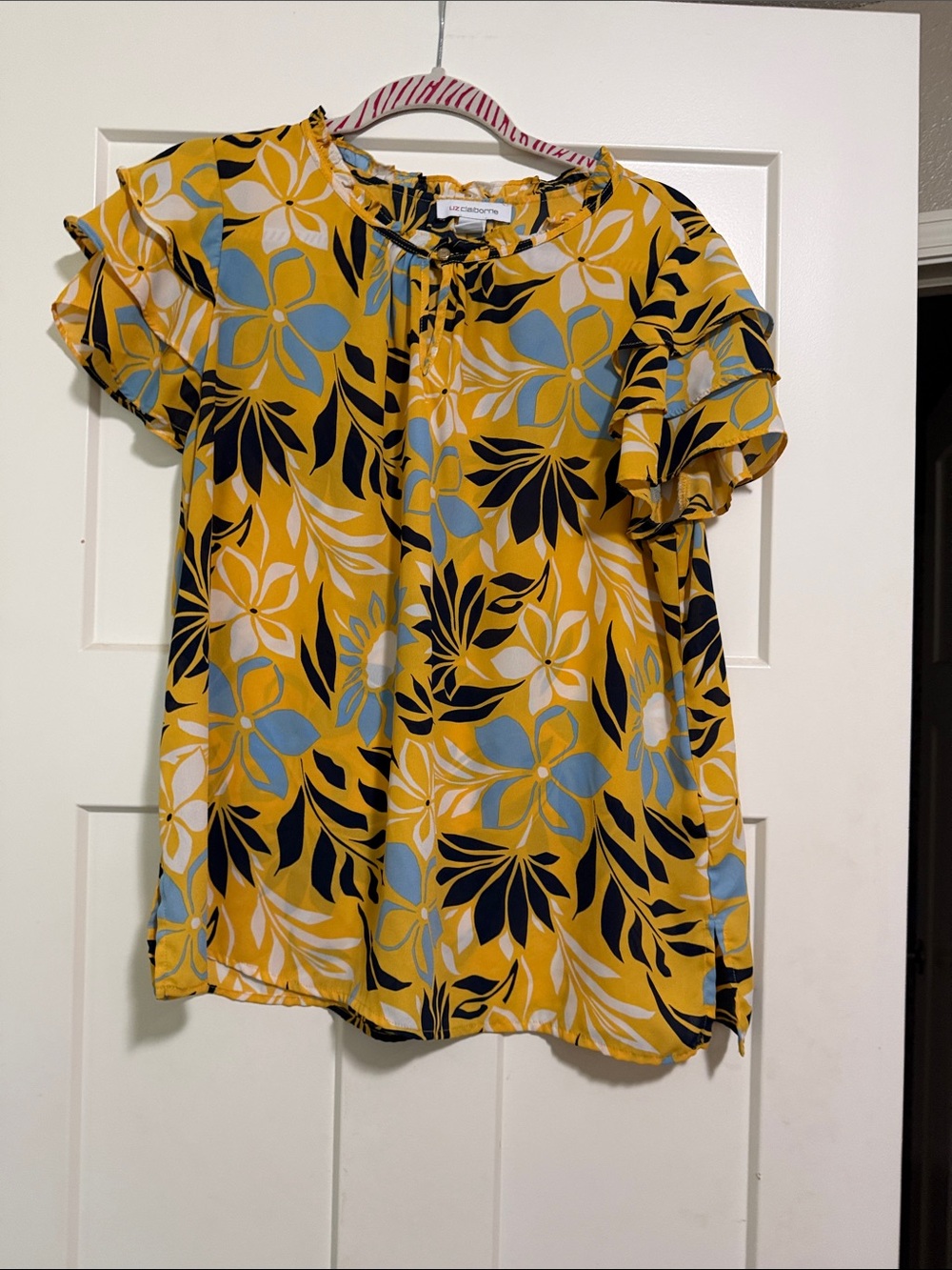Liz Claiborne Mustard Yellow Floral Ruffle Sleeve Blouse